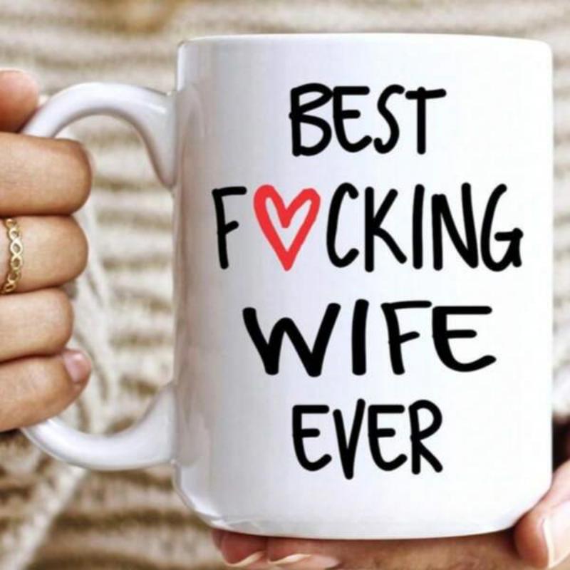 Tailorly White Ceramic 11 oz Mug - Best Fucking Wife Ever Minimalist White Ceramic With Bold Black Text And Red Heart Mug