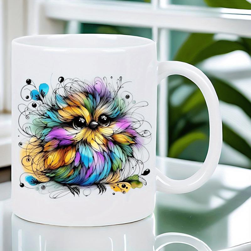 Tailorly White Ceramic 11 oz Mug - Vibrant Colorful Feathers With Large Sparkly Eyes And Swirling Artistic Details Owl