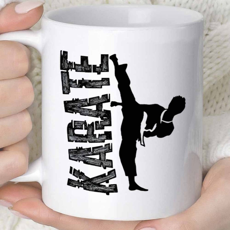 Tailorly White Ceramic 11 oz Mug - Karate Strong Martial Artist Silhouette Performing A High Powerful Side Kick Fighter
