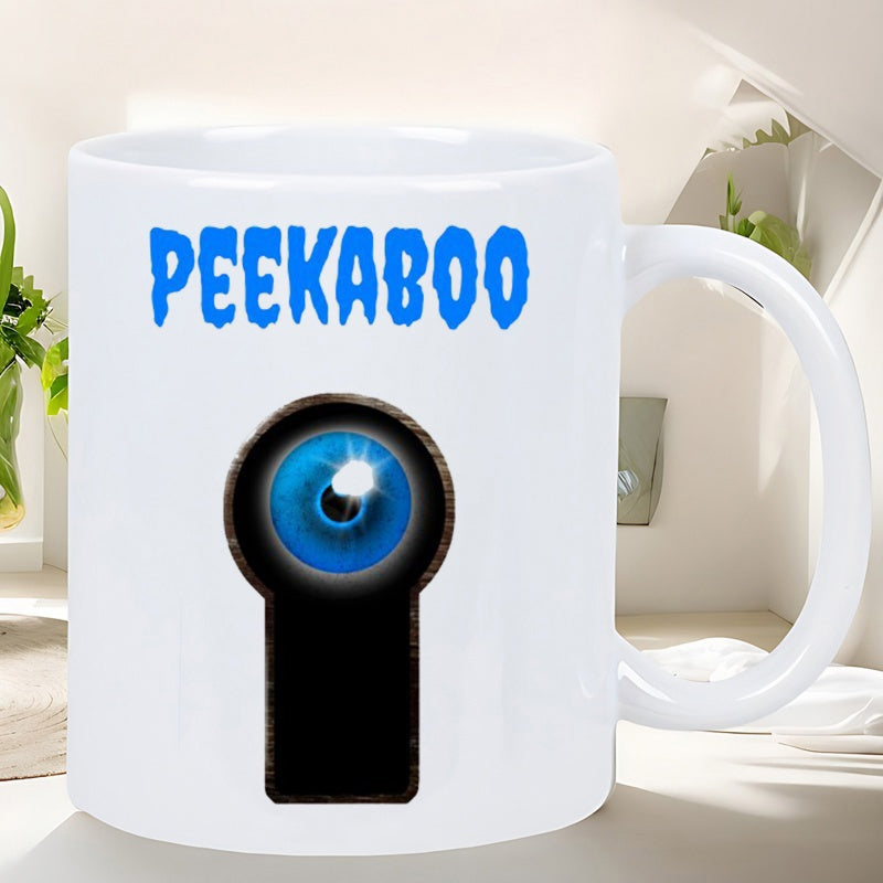 Tailorly White Ceramic 11 oz Mug - Peekaboo Mysterious Realistic Blue Eye Peering Through A Dark Keyhole Silhouette Eye