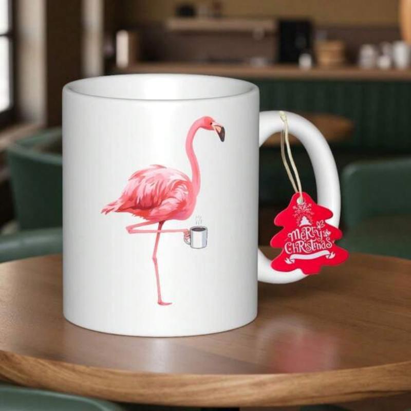 Tailorly White Ceramic 11 oz Mug - Merry Christmas Vibrant Pink Flamingo Standing Gracefully While Holding A Small Steaming Coffee Cup Flamingo