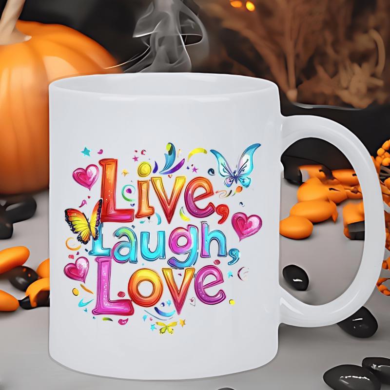 Tailorly White Ceramic 11 oz Mug - Live Laugh Love Colorful Artistic Butterflies With Vibrant Hearts And Whimsical Paint Splashes Mug