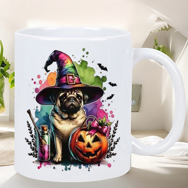 Tailorly White Ceramic 11 oz Mug - Colorful Watercolor Halloween Scene With Rainbow Witch Hat And Festive Pumpkin Pug