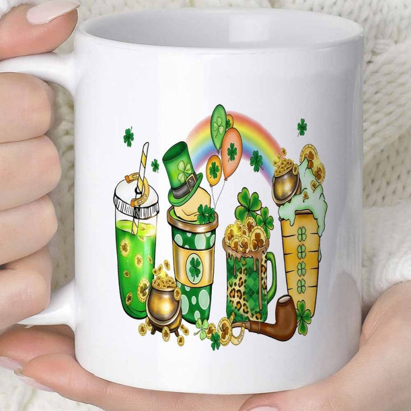Tailorly White Ceramic 11 oz Mug - Festive Green Drinks Decorated With Golden Coins Under Bright Rainbow Shamrock
