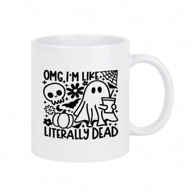 Tailorly White Ceramic 11 oz Mug - Omg Im Like Literally Dead Cute Cartoon Ghost Holding Coffee Cup Among Spooky Halloween Elements Ghost