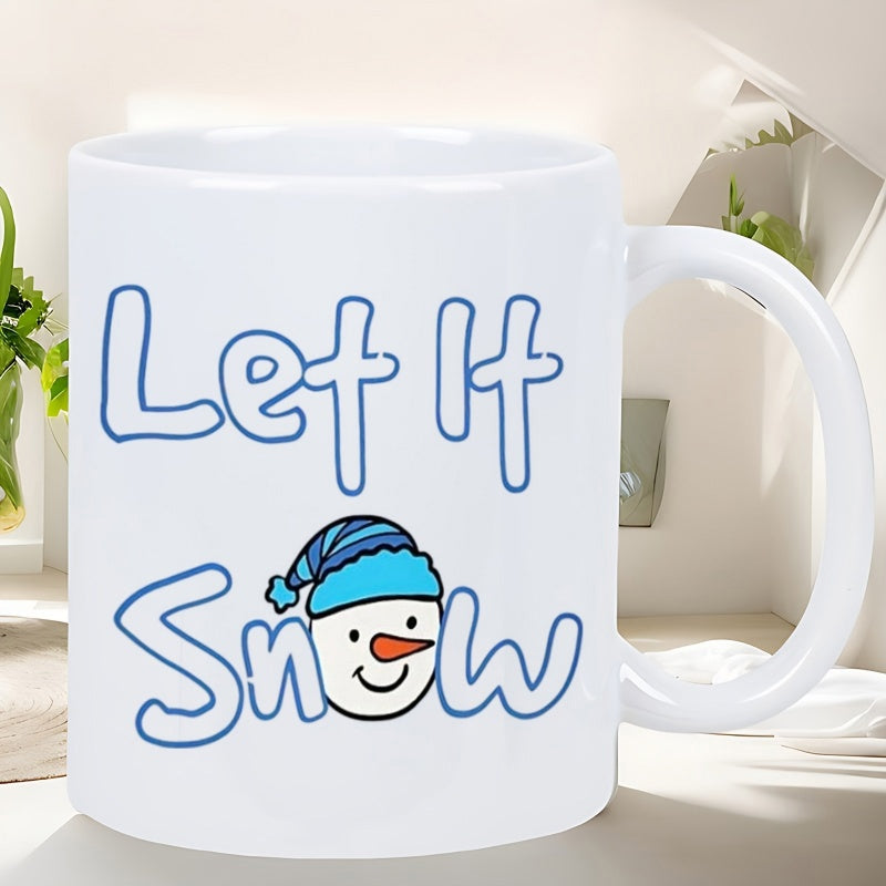 Tailorly White Ceramic 11 oz Mug - Let It Snow Smiling Cartoon Head Wearing A Blue Striped Beanie Winter Hat Snowman