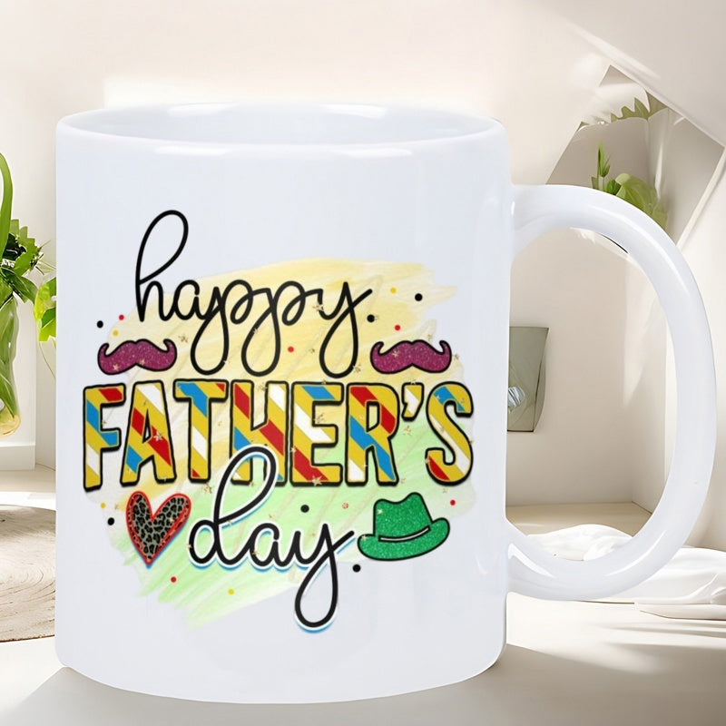 Tailorly White Ceramic 11 oz Mug - Happy Father's Day Vibrant Striped Pattern Featuring Classic Mustaches And Small Green Hat Mug