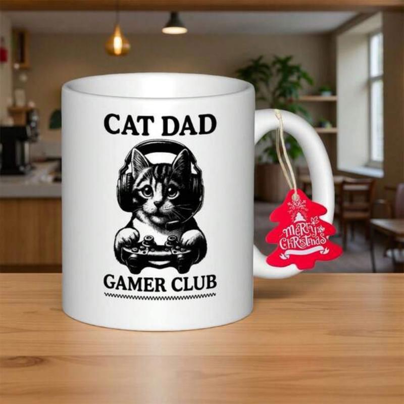 Tailorly White Ceramic 11 oz Mug - Cat Dad Gamer Club Artistic Monochrome Illustration Of A Feline Wearing Gaming Headphones Cat