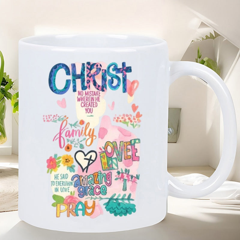 Tailorly White Ceramic 11 oz Mug - Christ Family Love Amazing Grace Pray Vibrant Colorful Artistic Elements With Flowers Hearts And Symbolic Religious Grace Heart