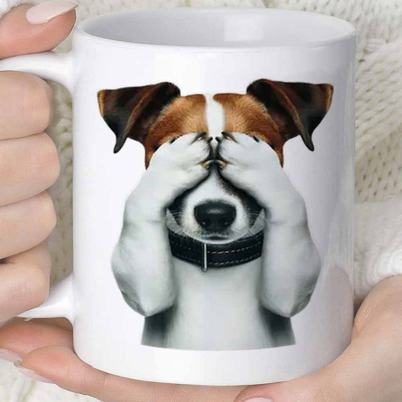 Tailorly White Ceramic 11 oz Mug - Playful Jack Russell Terrier Covering Eyes In A Funny Pose Dog