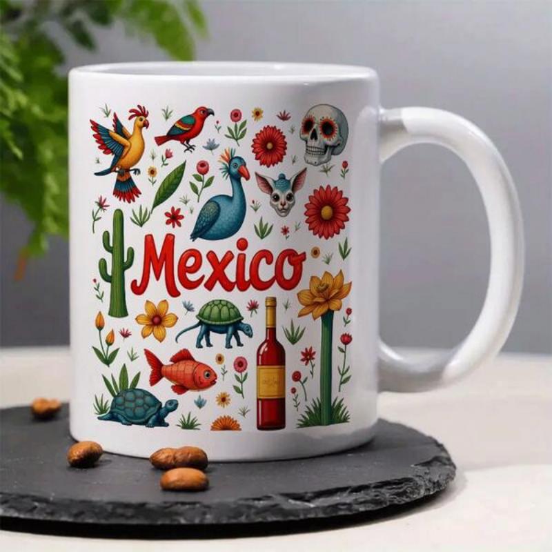 Tailorly White Ceramic 11 oz Mug - Mexico Vibrant Traditional Folk Art Icons With Desert Plants And Wildlife Mexico