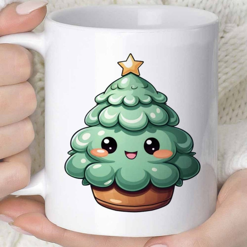 Tailorly White Ceramic 11 oz Mug - Adorable Smiling Festive Foliage With Golden Star Tipped Atop Pot Tree