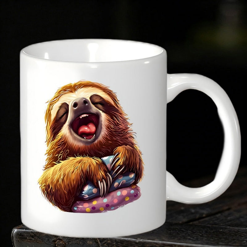 Tailorly White Ceramic 11 oz Mug - Cute Fluffy Sloth Yawning While Resting On A Colorful Polka Dot Pillow Sloth