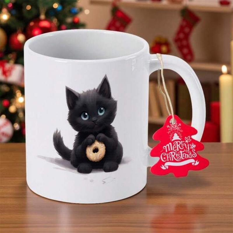 Tailorly White Ceramic 11 oz Mug - Adorable Fluffy Black Kitten Holding A Golden Donut Sitting Peacefully On White Background Kitten