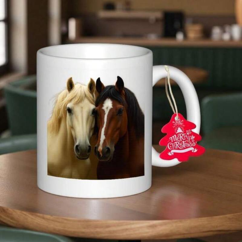 Tailorly White Ceramic 11 oz Mug - Merry Christmas Two Majestic Horses Standing Close Together With Gentle Expressions Horse