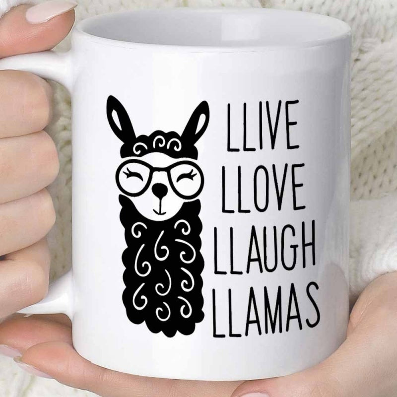 Tailorly White Ceramic 11 oz Mug - Llive Llove Llaugh Llamas Cute Black Ink Stylized Alpaca Illustration Wearing Glasses With Curly Fur Llama