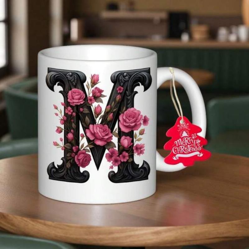 Tailorly White Ceramic 11 oz Mug - Ornate Black Gothic Style Letter Adorned With Elegant Pink Blooming Floral Rose Alphabet