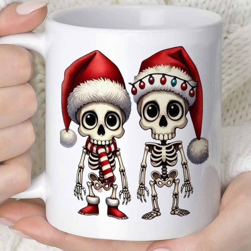 Tailorly White Ceramic 11 oz Mug - Two Adorable Little Cartoon Christmas Skeletons Wearing Festive Holiday Hats Skeleton