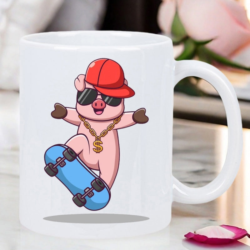 Tailorly White Ceramic 11 oz Mug - Cool Cartoon Character Wearing Red Cap Riding Skateboard With Sunglasses Pig