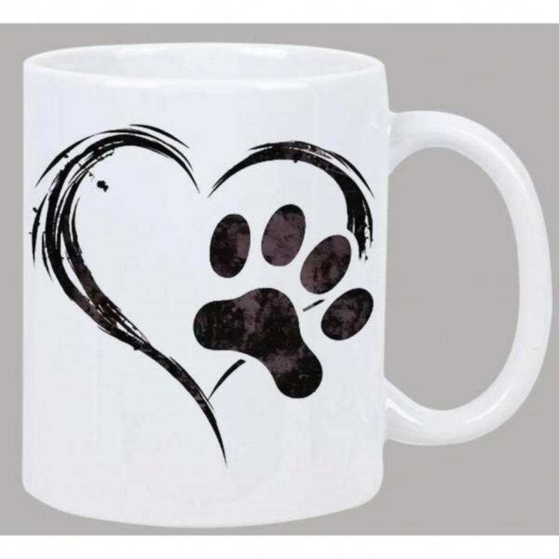 Tailorly White Ceramic 11 oz Mug - Minimalist Artistic Brushstroke Heart With Dark Textured Dog Or Cat Paw