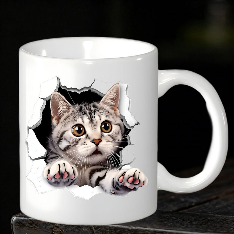 Tailorly White Ceramic 11 oz Mug - Realistic Grey Tabby Peeking Through Torn White Paper With Sharp Claws Cat