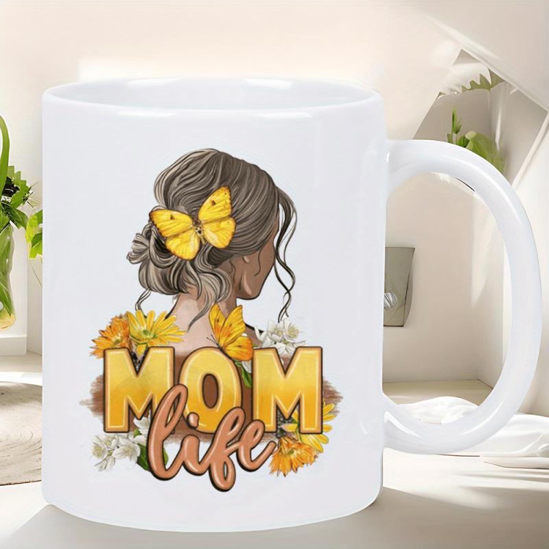 Tailorly White Ceramic 11 oz Mug - Mom Life Beautiful Lady With Golden Butterflies In Her Hair Among Flowers Woman