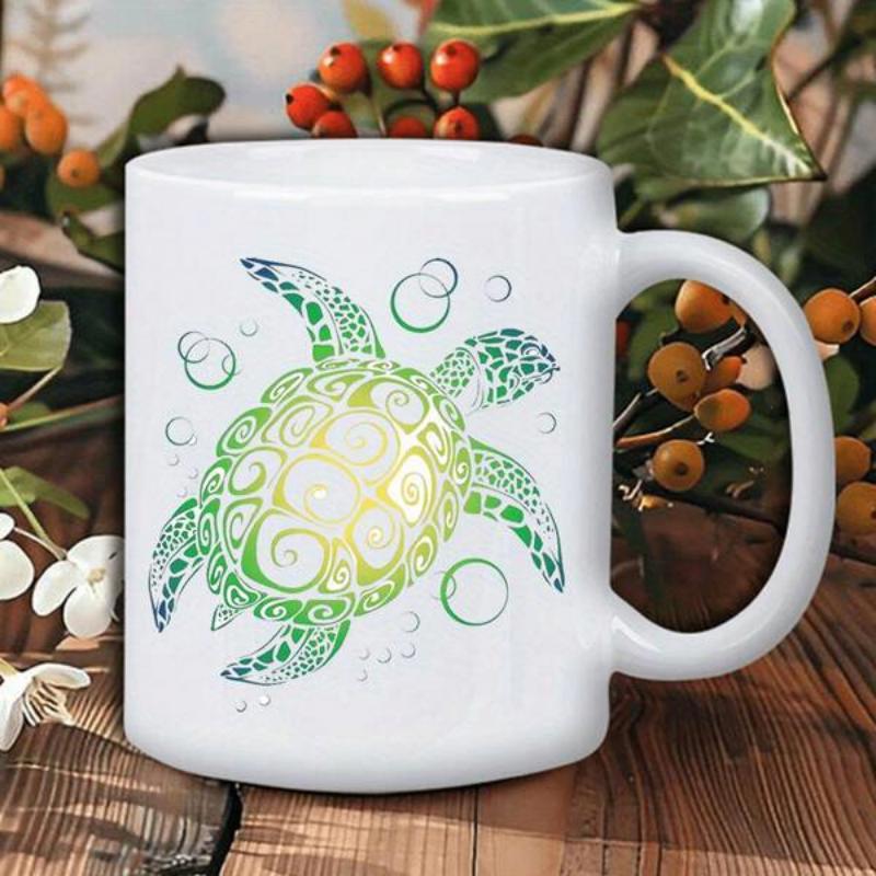 Tailorly White Ceramic 11 oz Mug - Artistic Green And Yellow Swirl Patterned Sea Turtle Swimming Among Bubbles Turtle