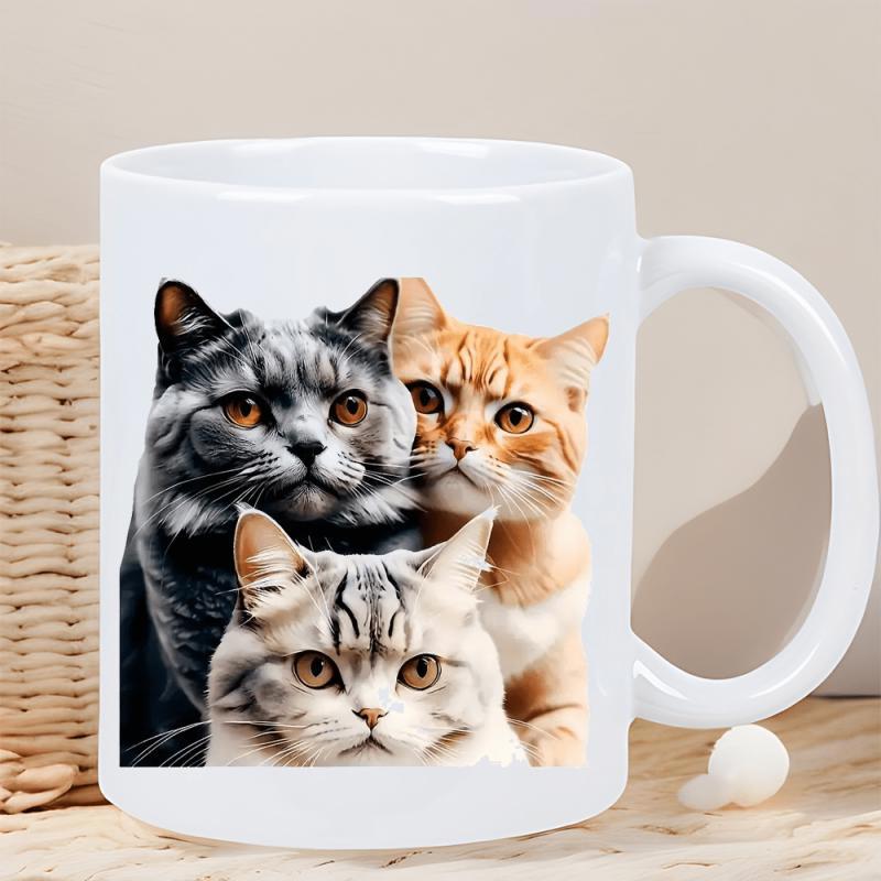 Tailorly White Ceramic 11 oz Mug - Three Adorable Furry Felines With Realistic Features Huddled Together Close Cats
