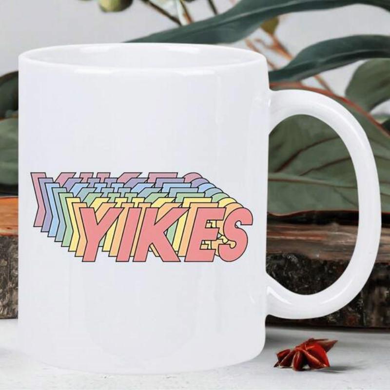 Tailorly White Ceramic 11 oz Mug - Yikes Retro Pastel Rainbow Layers With Bold Shadow Effects Mug