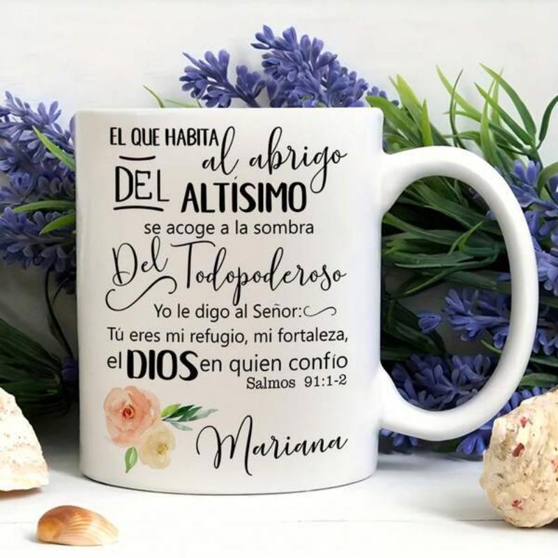 Tailorly White Ceramic 11 oz Mug - Soft Watercolor Peaches And Green Leaves With Elegant Artistic Script Flower