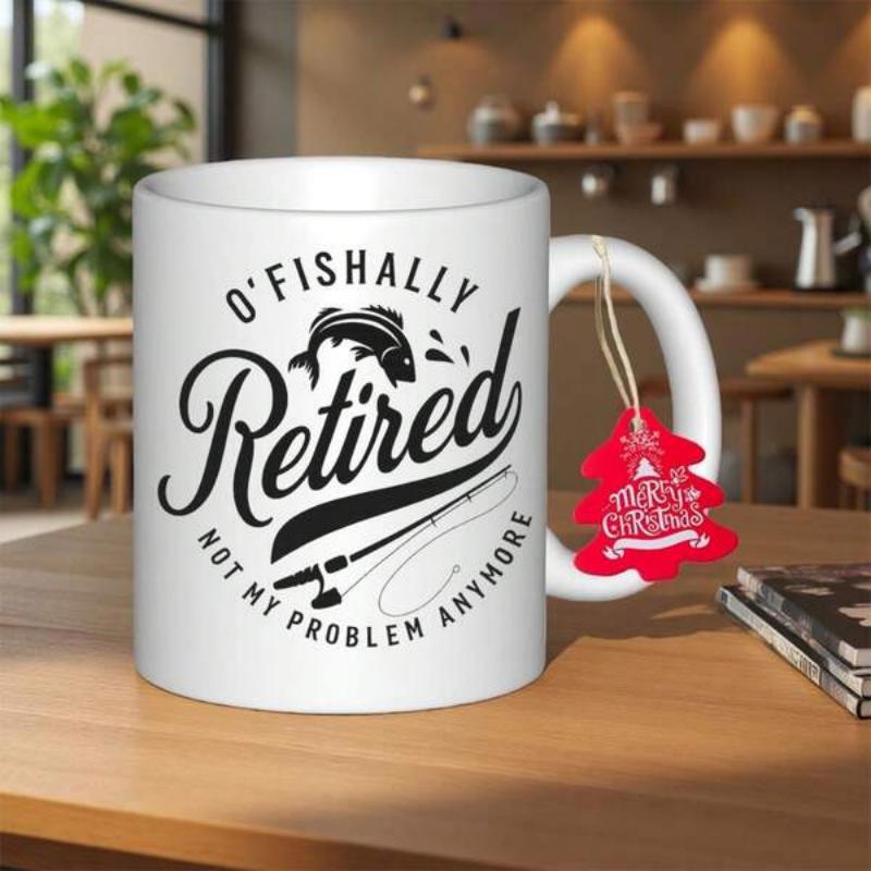 Tailorly White Ceramic 11 oz Mug - Ofishally Retired Not My Problem Anymore Leaping Fish Hooked On A Rod Set Within A Scenic Circular Frame Fish