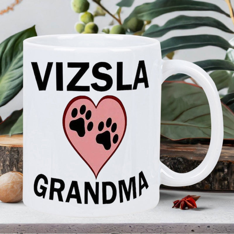 Tailorly White Ceramic 11 oz Mug - Vizsla Grandma Pink Heart Featuring Small Paw Prints Among Bold Decorative Lettering Heart