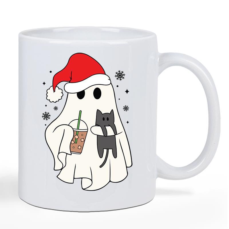 Tailorly White Ceramic 11 oz Mug - Cute White Ghost Wearing Red Santa Hat Holding Coffee Cup And Black Cat Ghost