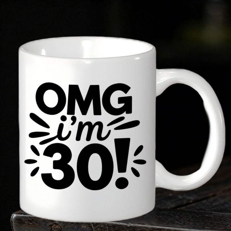 Tailorly White Ceramic 11 oz Mug - OMG Im 30 Minimalist Black Lettering Surrounded By Playful Decorative Splash Elements On