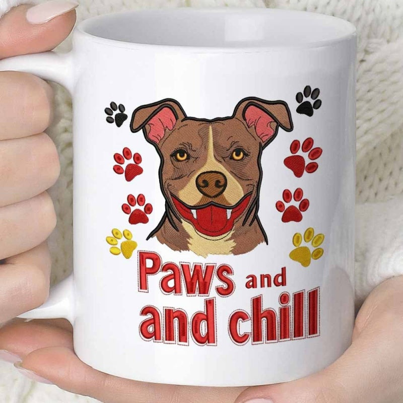 Tailorly White Ceramic 11 oz Mug - Paws And Chill Smiling Brown Pit Bull Face With Red And Black Paws Dog