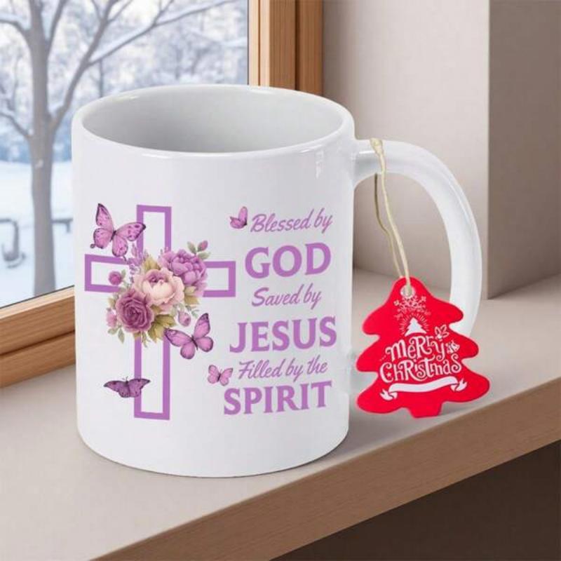 Tailorly White Ceramic 11 oz Mug - Blessed By God Saved By Jesus Filled By The Spirit Elegant Purple Floral Arrangement Featuring Delicate Roses And Butterflies
