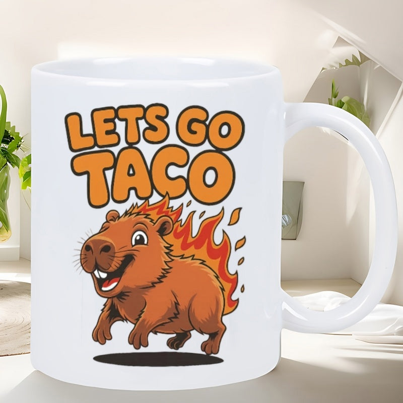 Tailorly White Ceramic 11 oz Mug - Lets Go Taco Cute Cartoon Brown Capybara With Vibrant Orange Flames On Its Back Capybara