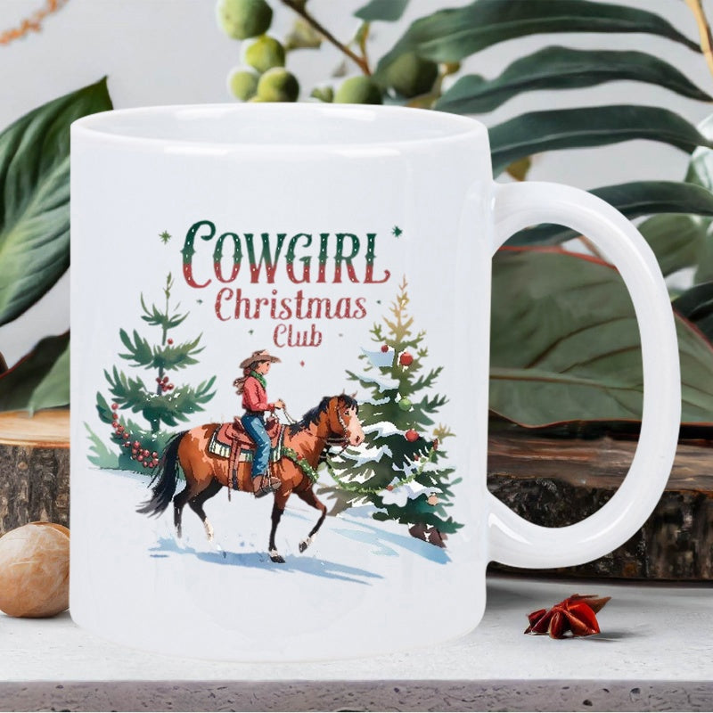 Tailorly White Ceramic 11 oz Mug - Cowgirl Christmas Club Riding A Stately Brown Horse Through A Snowy Winter Forest Cowgirl