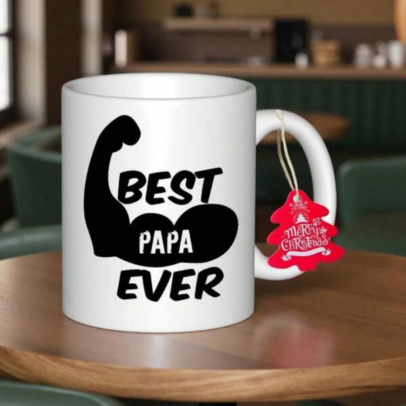 Tailorly White Ceramic 11 oz Mug - Best Papa Ever Silhouette Of A Muscular Flexed Strong Bicep Arm