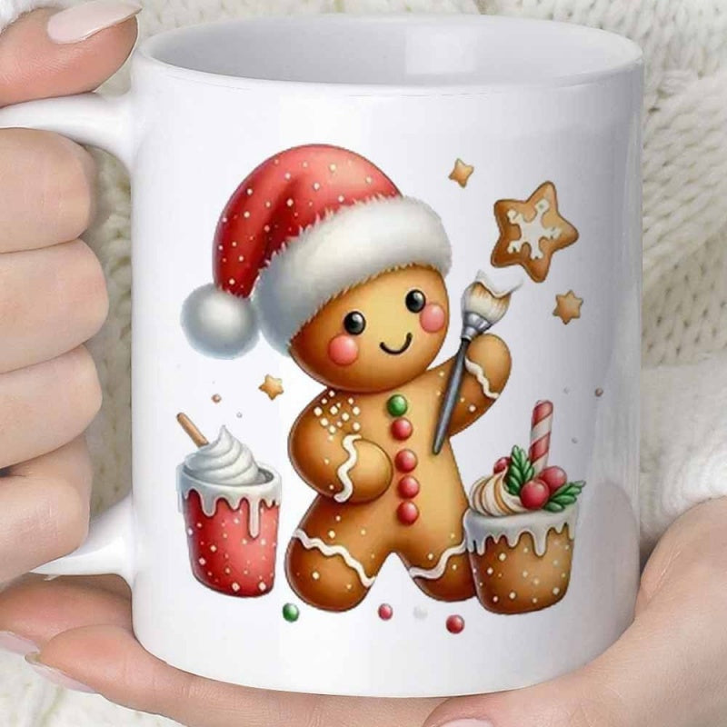 Tailorly White Ceramic 11 oz Mug - Adorable Christmas Cookie Man Painting Star Cookie With Holiday Treats Gingerbread Man