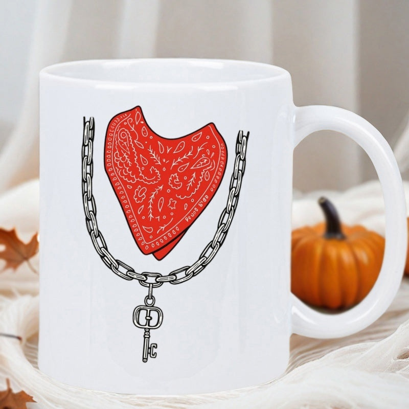 Tailorly White Ceramic 11 oz Mug - Red Heart Shaped Paisley Print Hanging From Silver Metal Link Chain Bandana