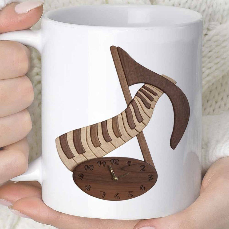 Tailorly White Ceramic 11 oz Mug - Elegant Wooden Texture Piano Keys Forming A Creative Melodic Clock Musical Note