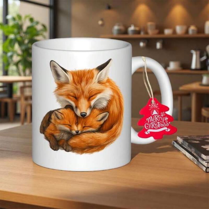 Tailorly White Ceramic 11 oz Mug - Two Red Foxes Cuddling Together In A Warm Peaceful Sleeping Embrace Fox