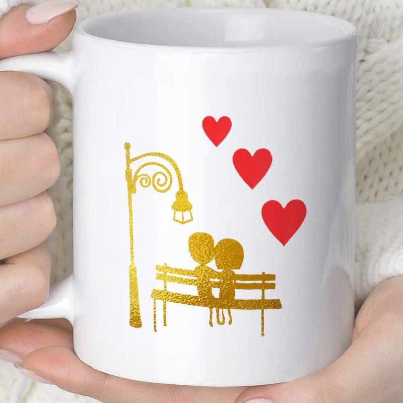 Tailorly White Ceramic 11 oz Mug - Golden Silhouette Lovers Sitting On Bench Under Vintage Street Lamp Couple