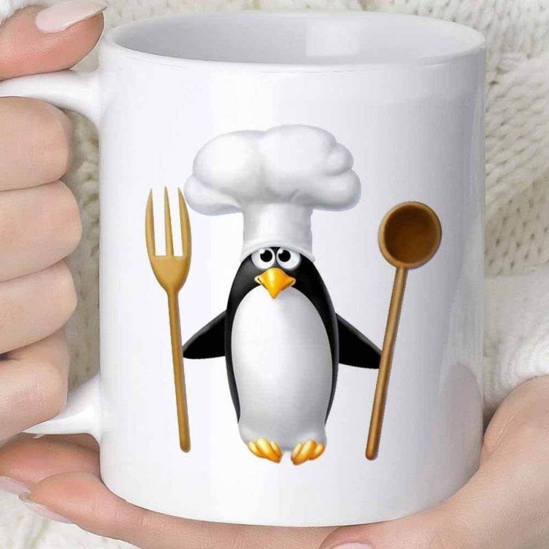 Tailorly White Ceramic 11 oz Mug - Charming Cartoon Chef Wearing White Hat Holding Wooden Fork And Spoon Penguin