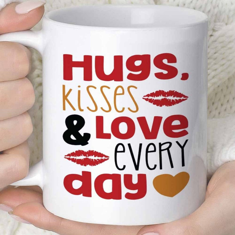 Tailorly White Ceramic 11 oz Mug - Hugs Kisses Love Every Day Romantic Red Lips And Gold Heart Pattern Design Mug