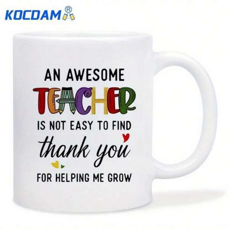 Tailorly White Ceramic 11 oz Mug - An Awesome Teacher Is Not Easy To Find Thank You For Helping Me Grow Colorful Patterned Letters With Small Heart Shapes Among