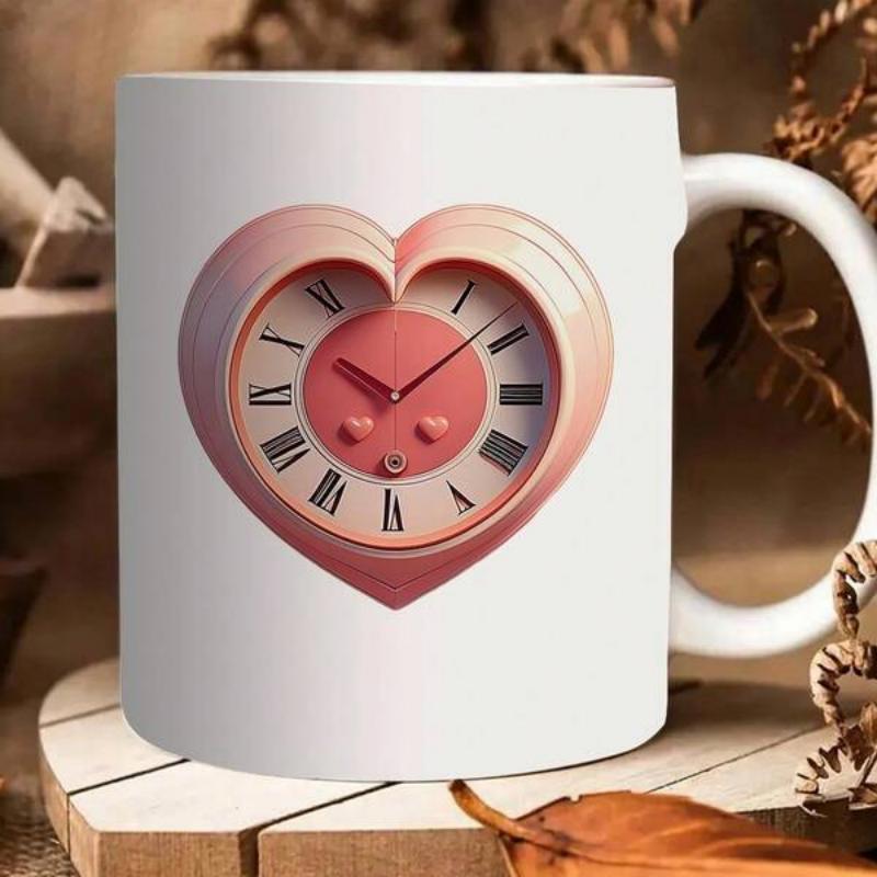 Tailorly White Ceramic 11 oz Mug - Romantic Pink Heart Shaped Frame Enclosing A Classic Roman Numeral Clock