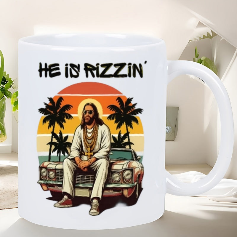 Tailorly White Ceramic 11 oz Mug - He Is Rizzin Retro Sunset Silhouette With Palm Trees And Vintage Classic Muscle Car Jesus