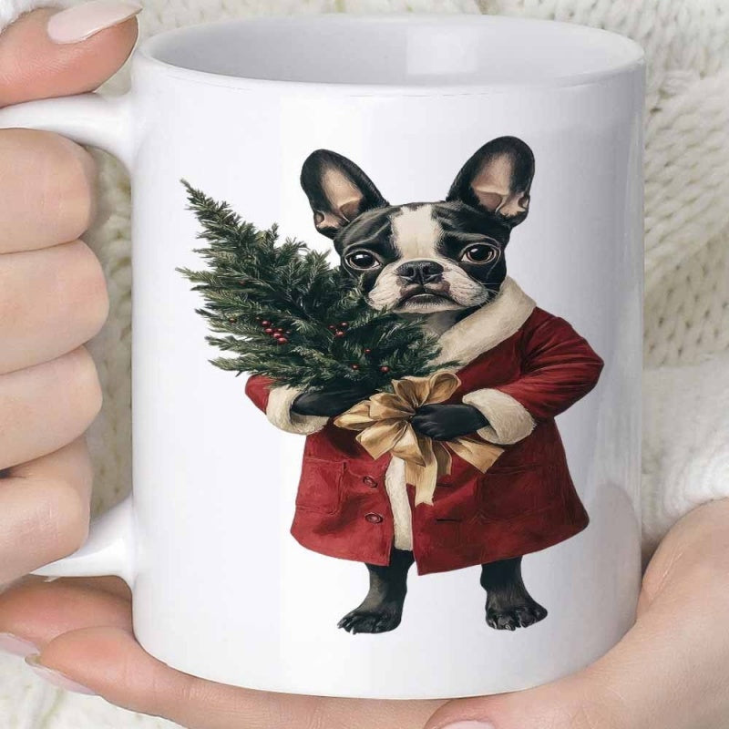Tailorly White Ceramic 11 oz Mug - Festive French Bulldog Wearing Red Winter Coat Holding Small Christmas Tree Bulldog